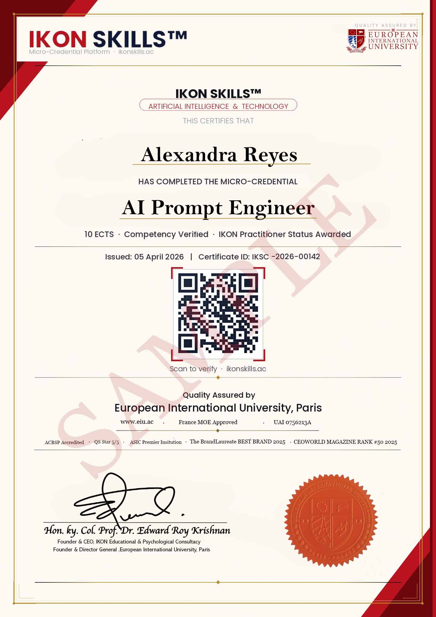 Sample IKON SKILLS™ Certificate